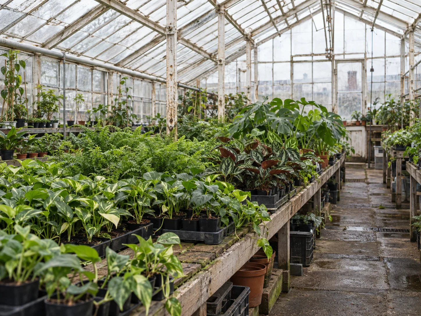 Benches of plants inside the glasshouse